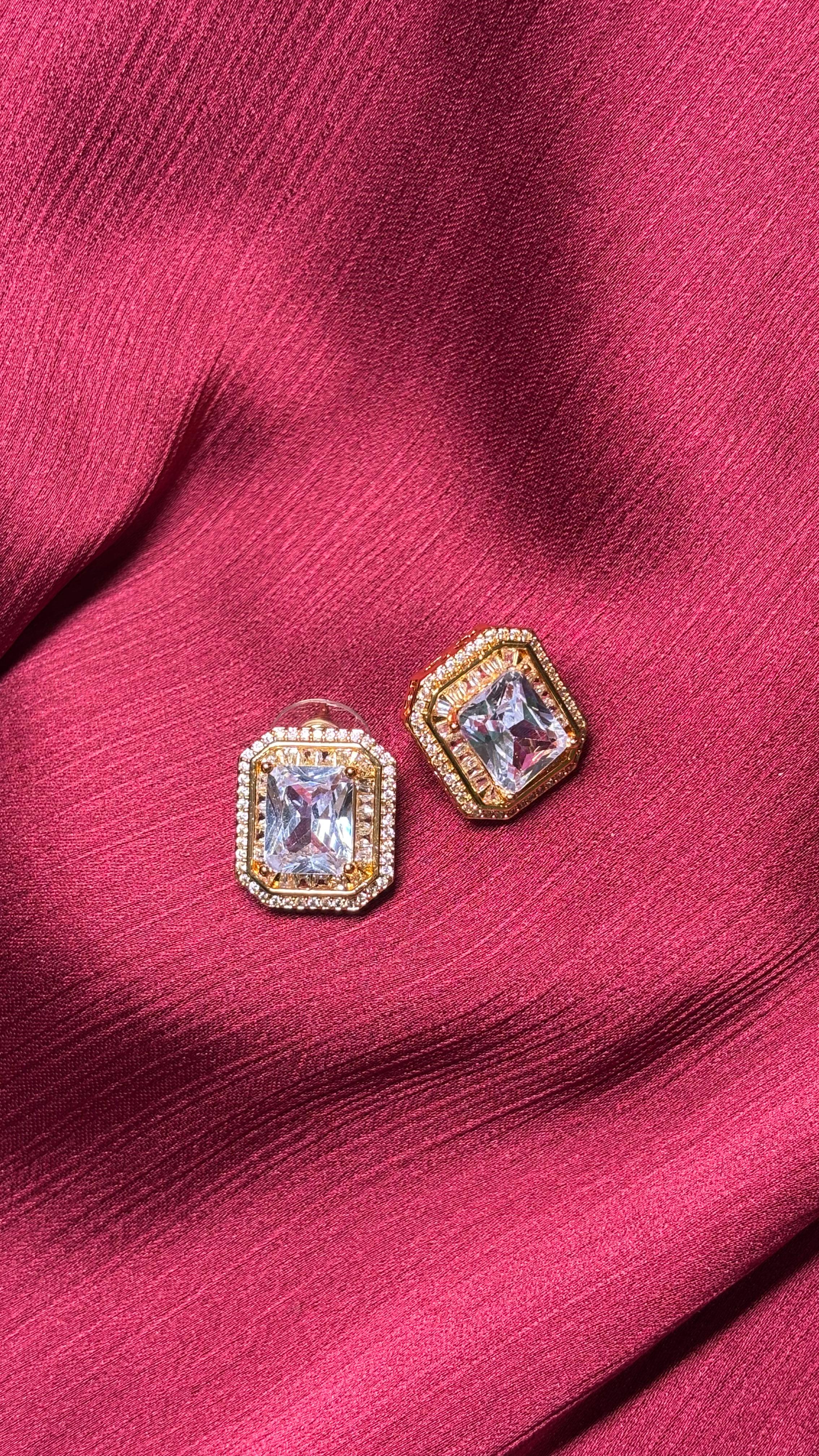 Elegant Emerald Cut Crystal Stud Earrings – Gold Plated with Halo Design