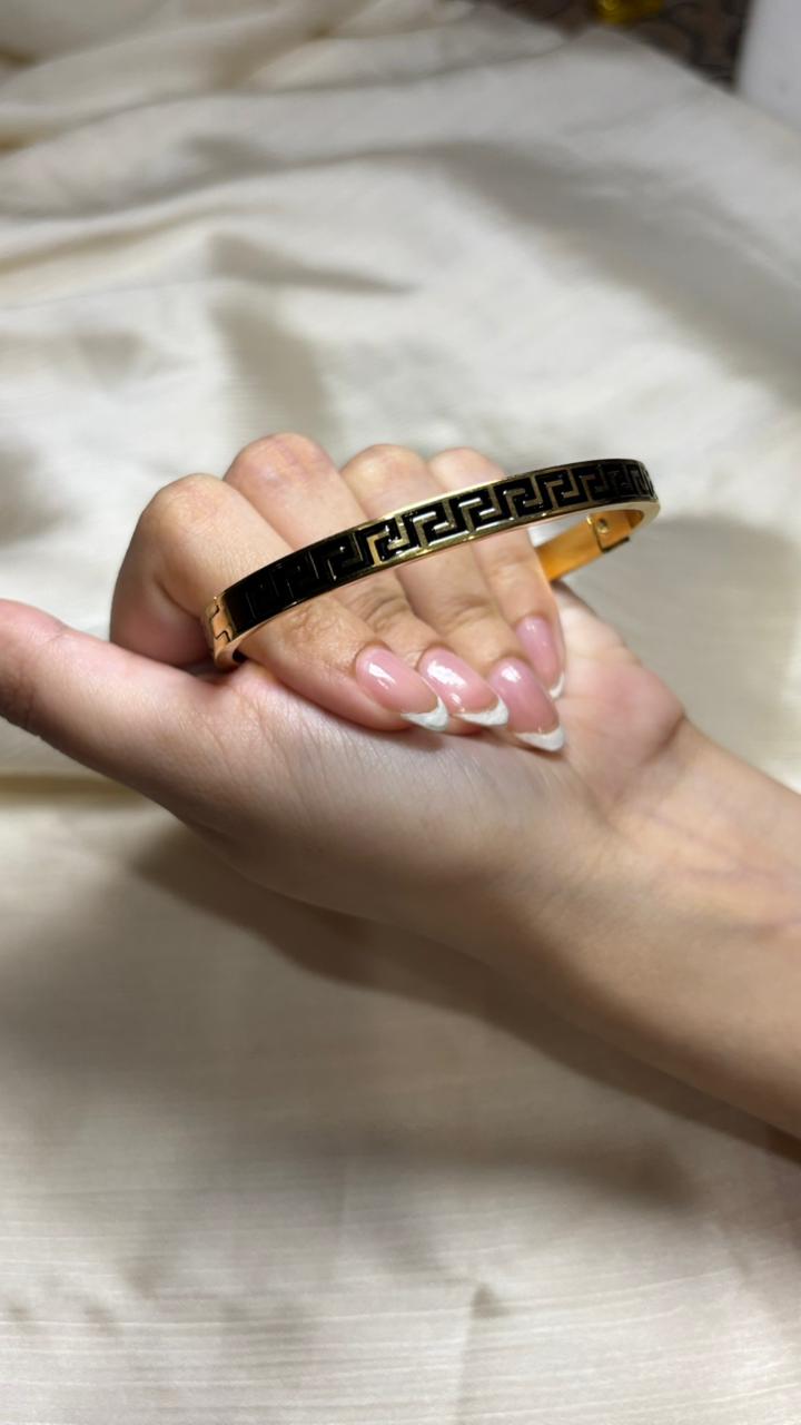 Bold & Stylish – Black Enamel Designer Bracelet in Gold Finish