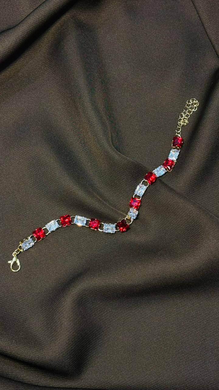 Classic Red & White Crystal Link Bracelet – Adjustable Chain