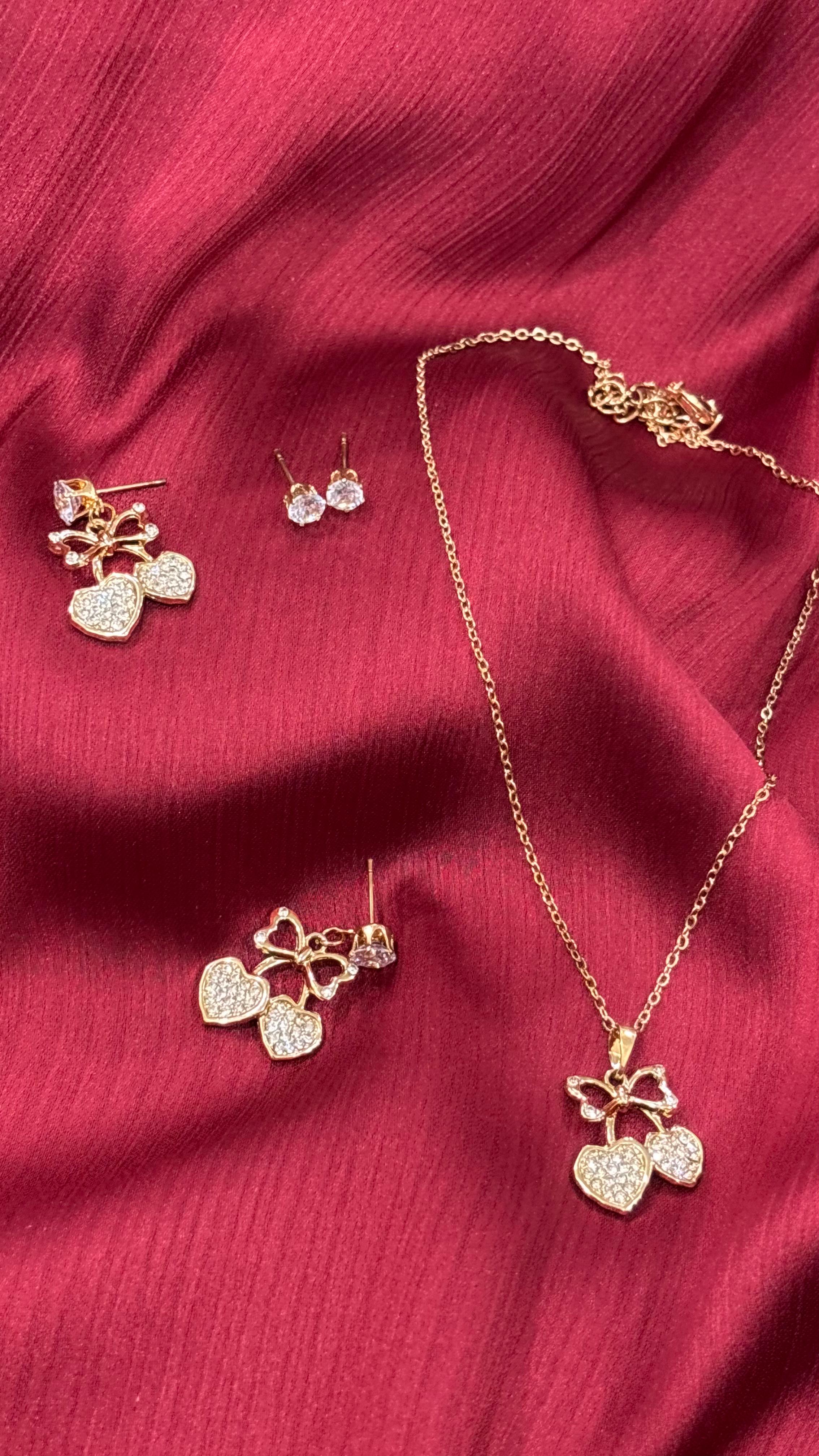 Romantic Cherry Heart Jewelry Set – Necklace & Earrings (Gold Plated)
