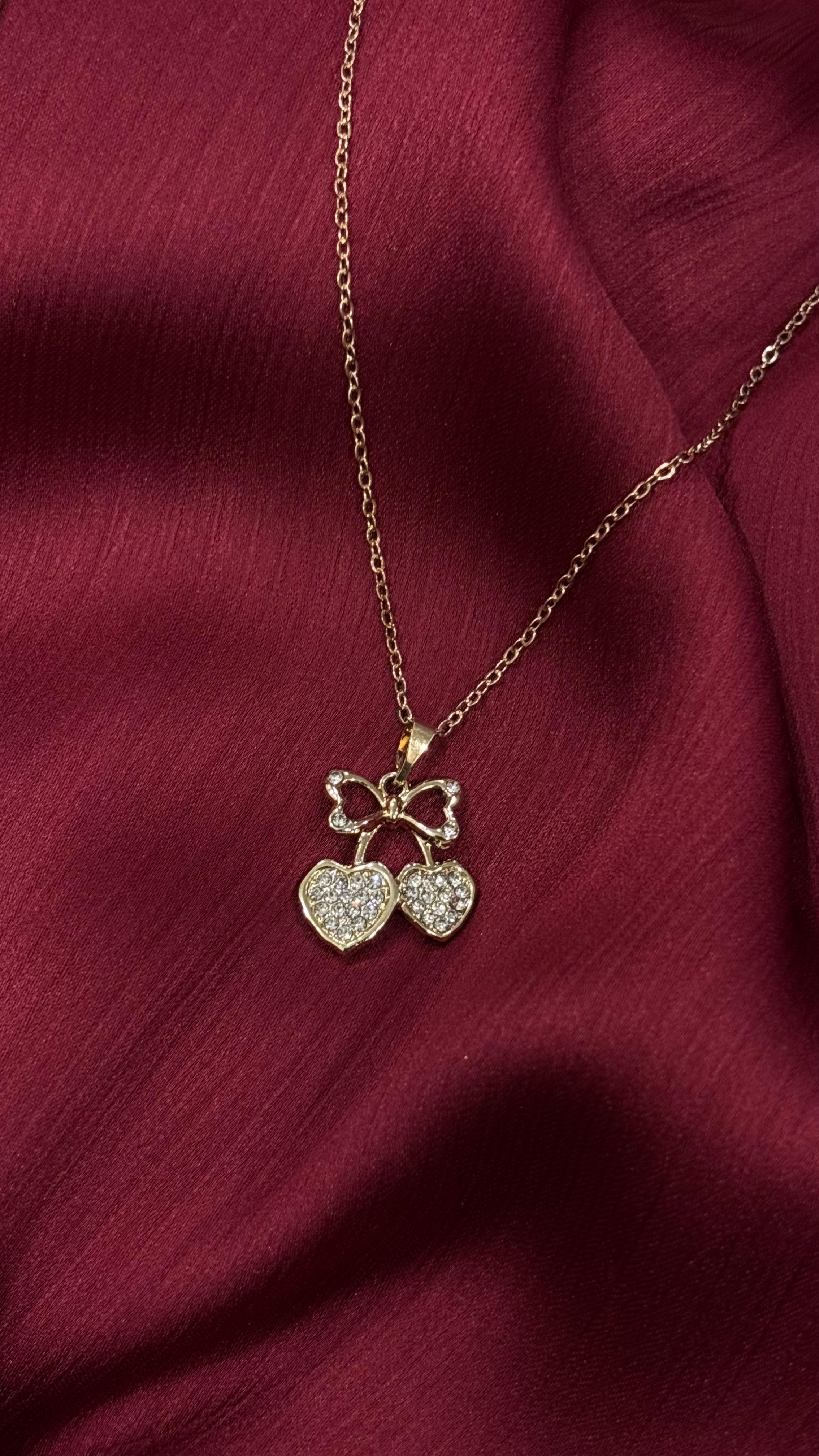 Romantic Cherry Heart Jewelry Set – Necklace & Earrings (Gold Plated)