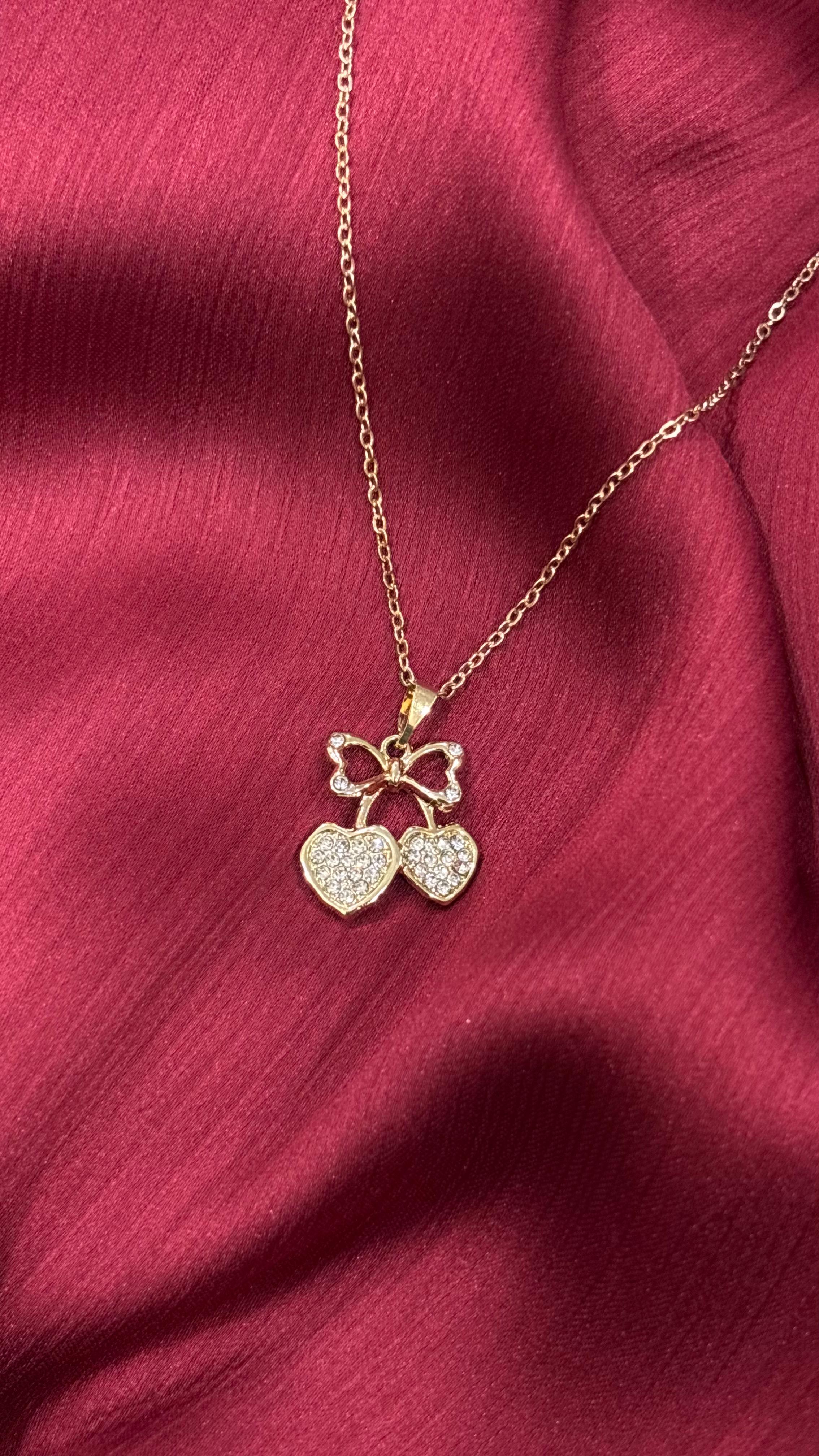 Romantic Cherry Heart Jewelry Set – Necklace & Earrings (Gold Plated)