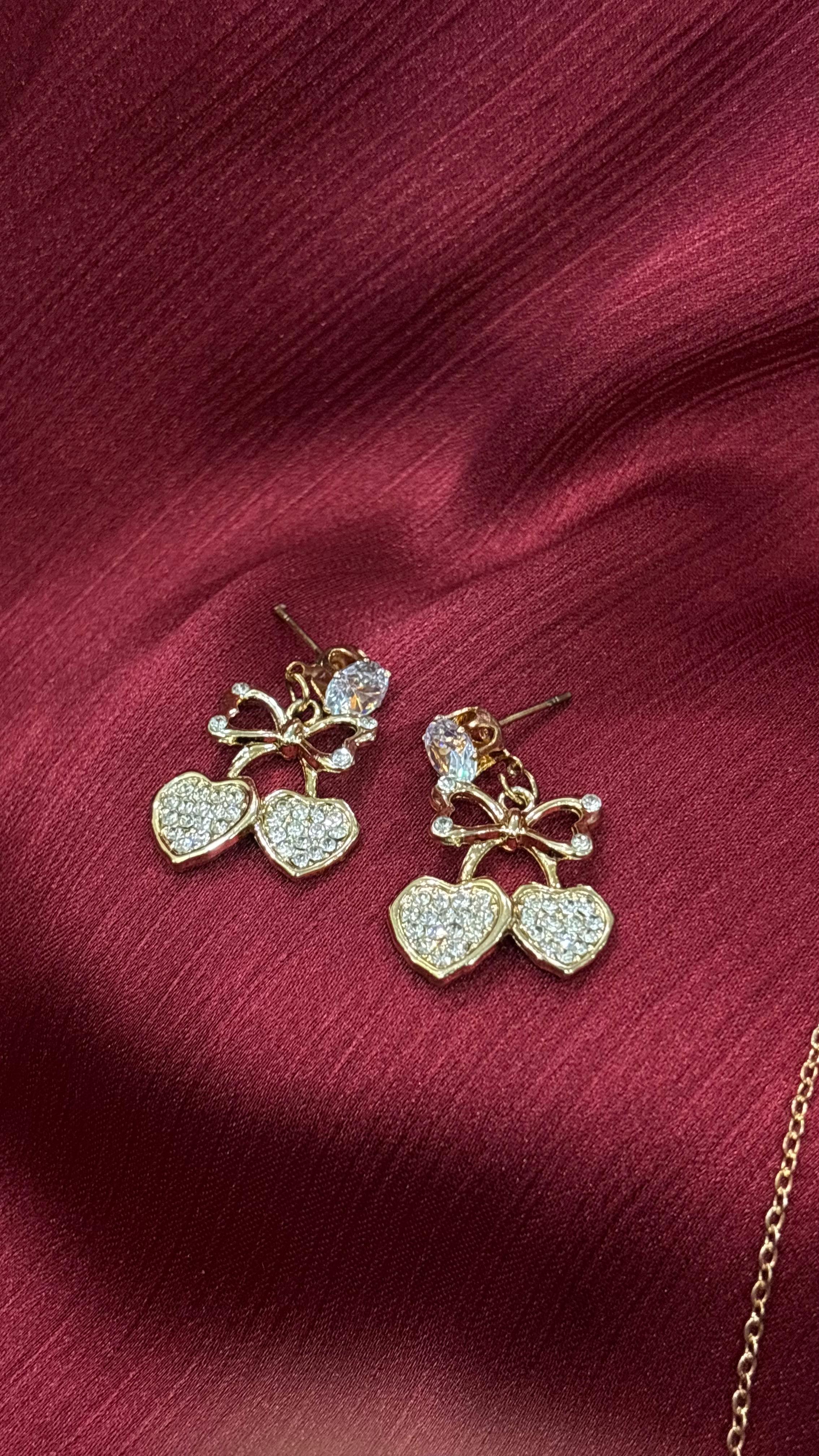 Romantic Cherry Heart Jewelry Set – Necklace & Earrings (Gold Plated)