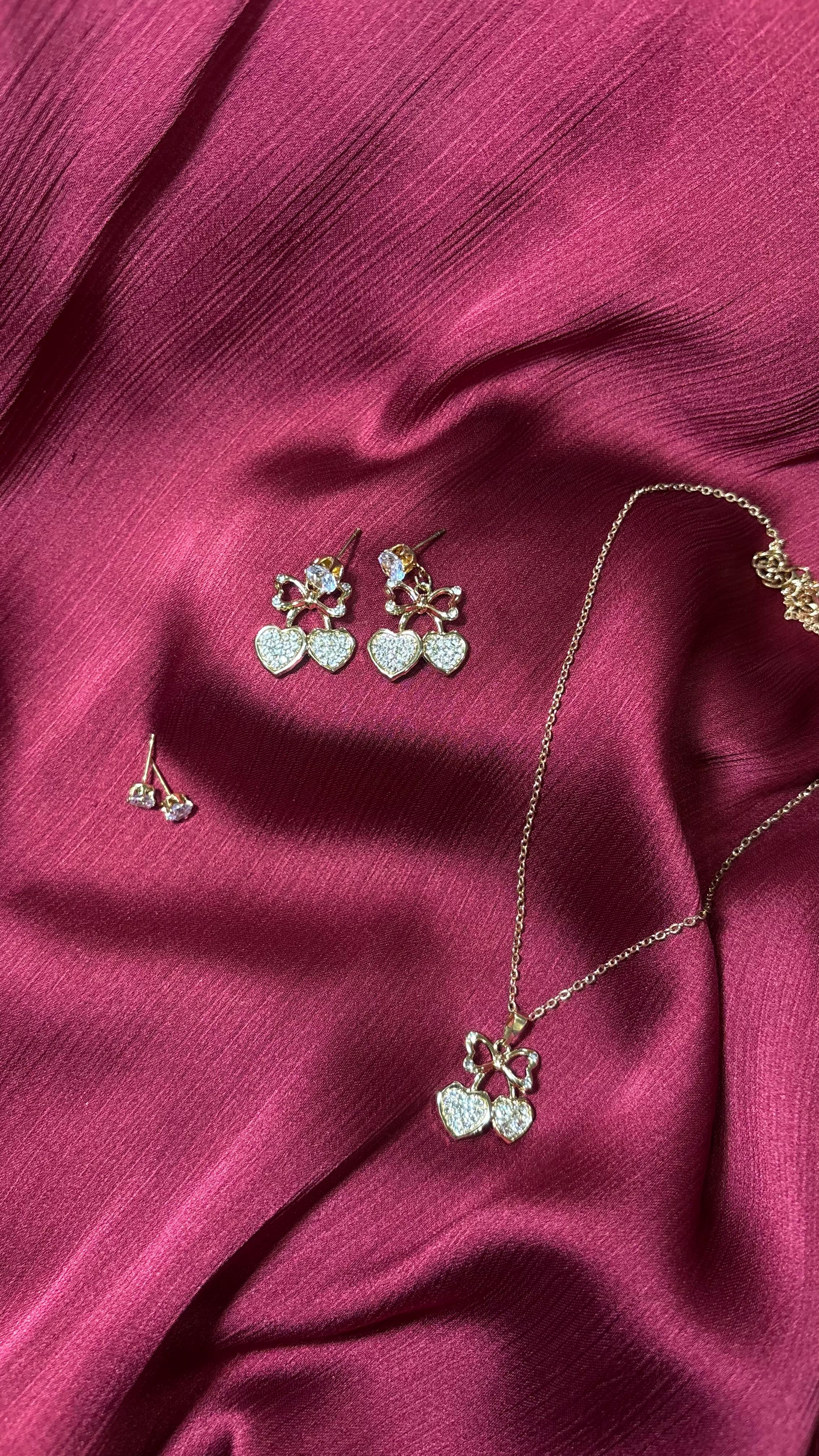 Romantic Cherry Heart Jewelry Set – Necklace & Earrings (Gold Plated)