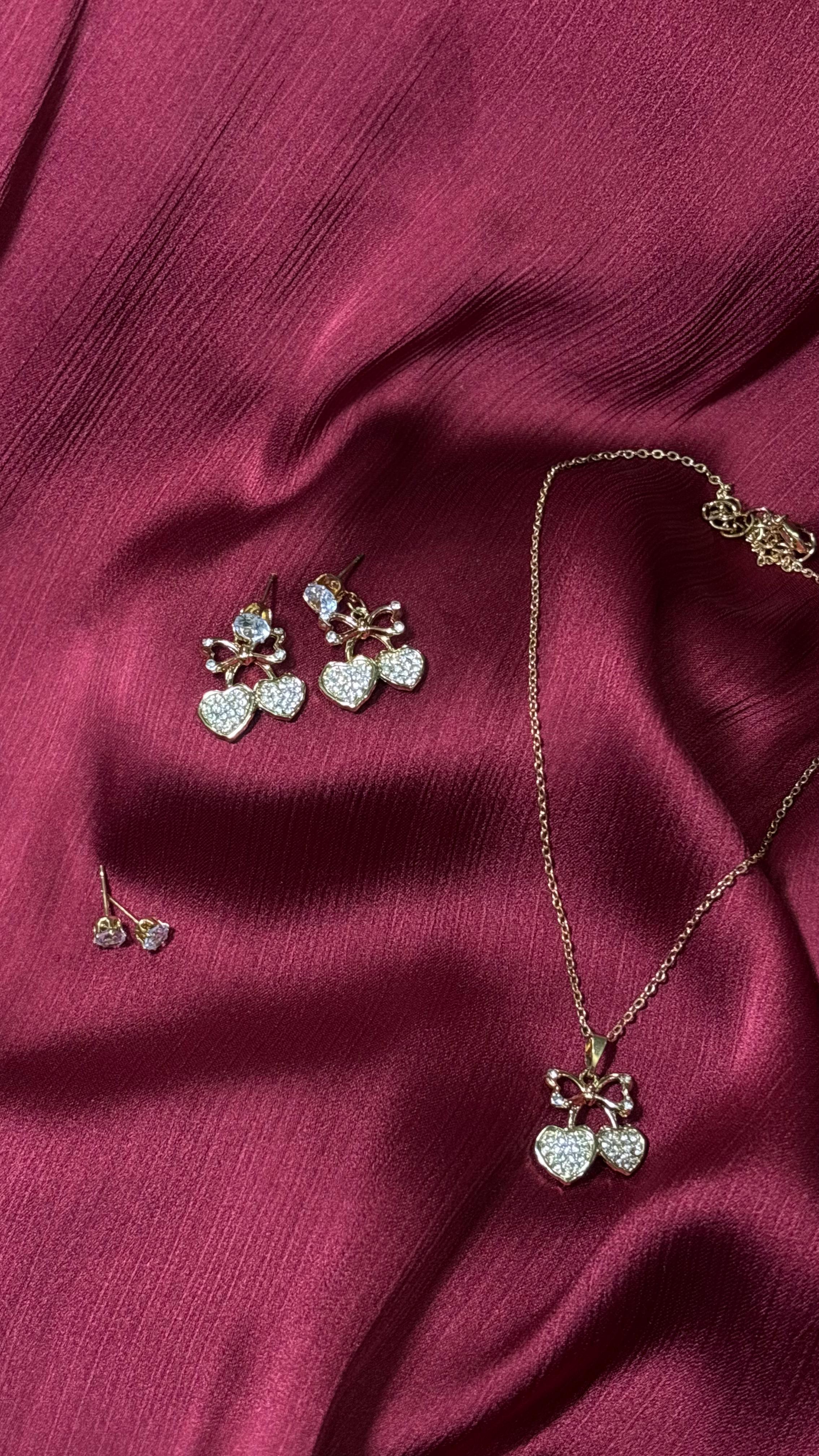 Romantic Cherry Heart Jewelry Set – Necklace & Earrings (Gold Plated)