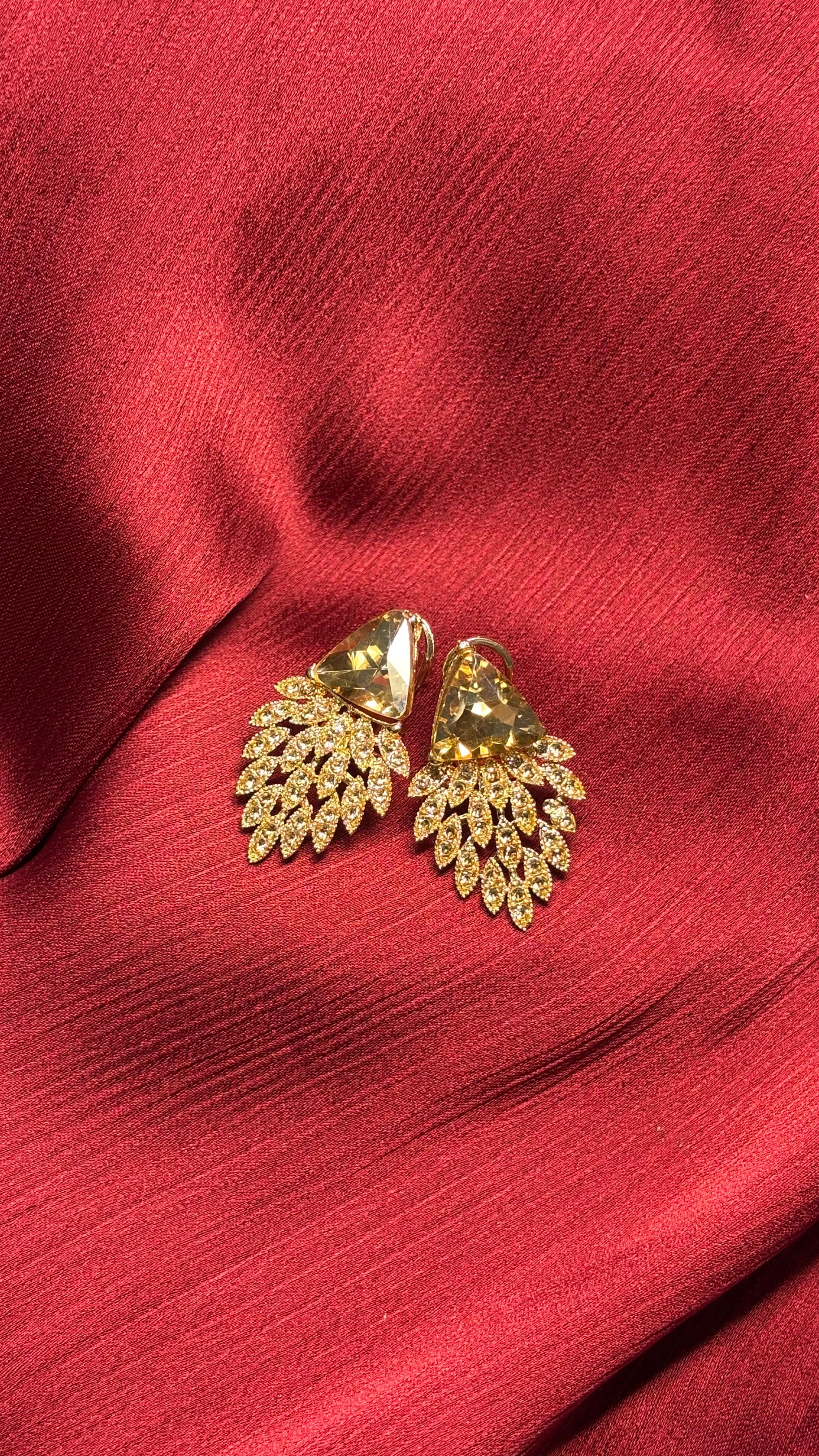 Luxury Triangle Cut Crystal Leaf Drop Earrings – Gold Plated