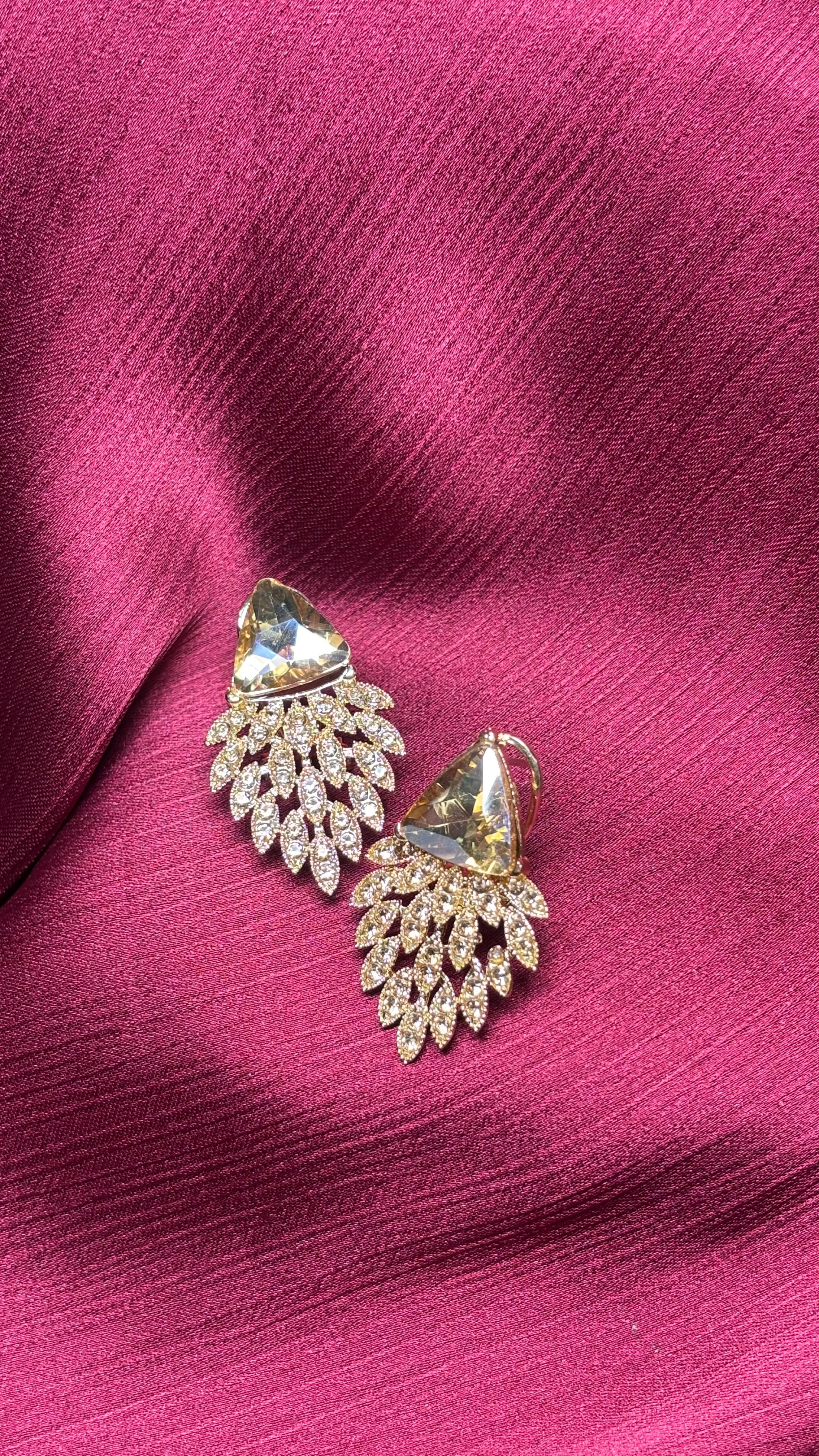 Luxury Triangle Cut Crystal Leaf Drop Earrings – Gold Plated