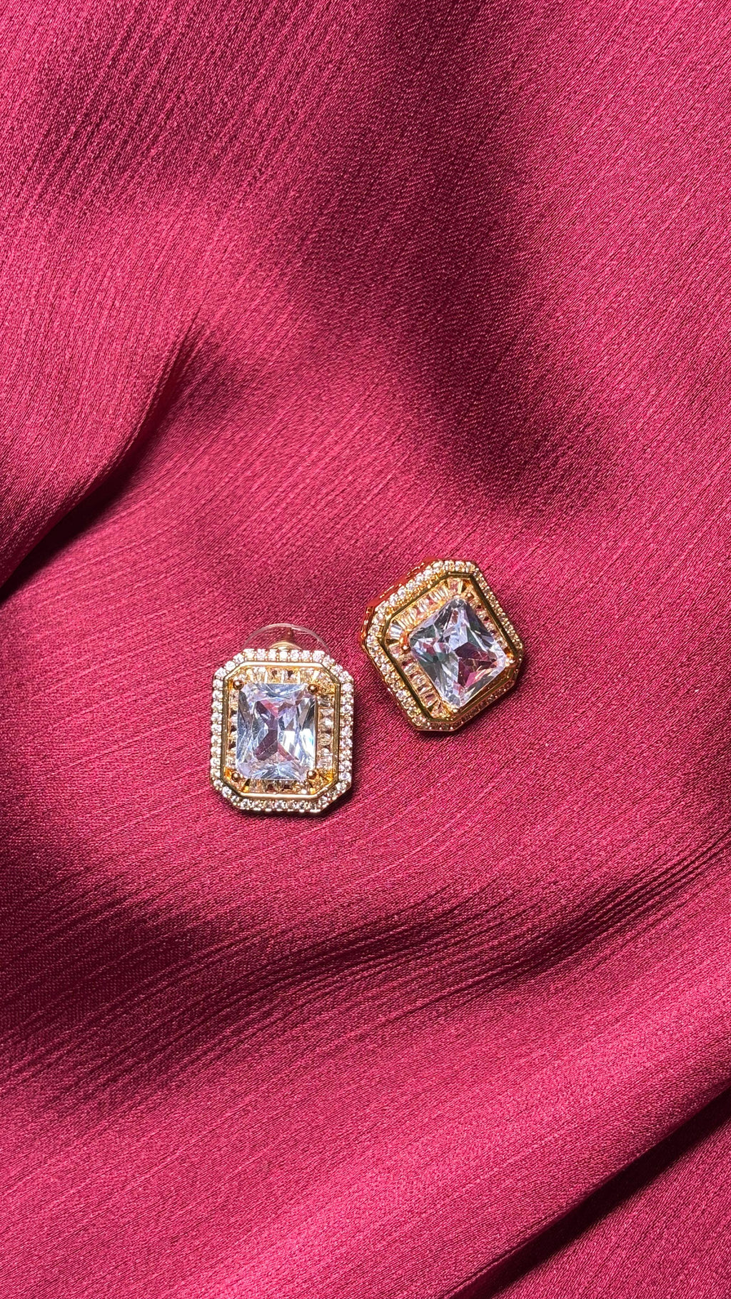Elegant Emerald Cut Crystal Stud Earrings – Gold Plated with Halo Design