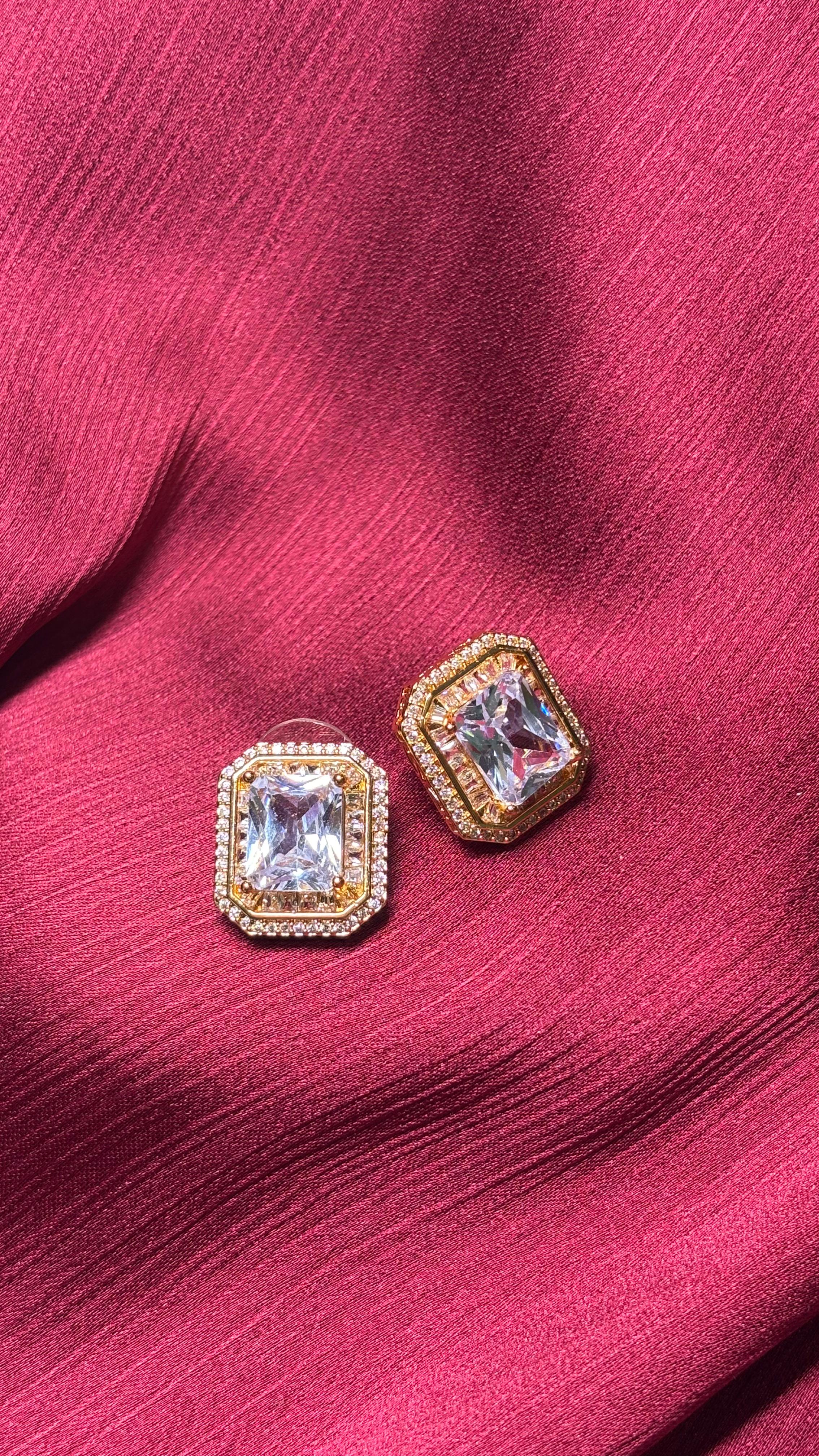 Elegant Emerald Cut Crystal Stud Earrings – Gold Plated with Halo Design