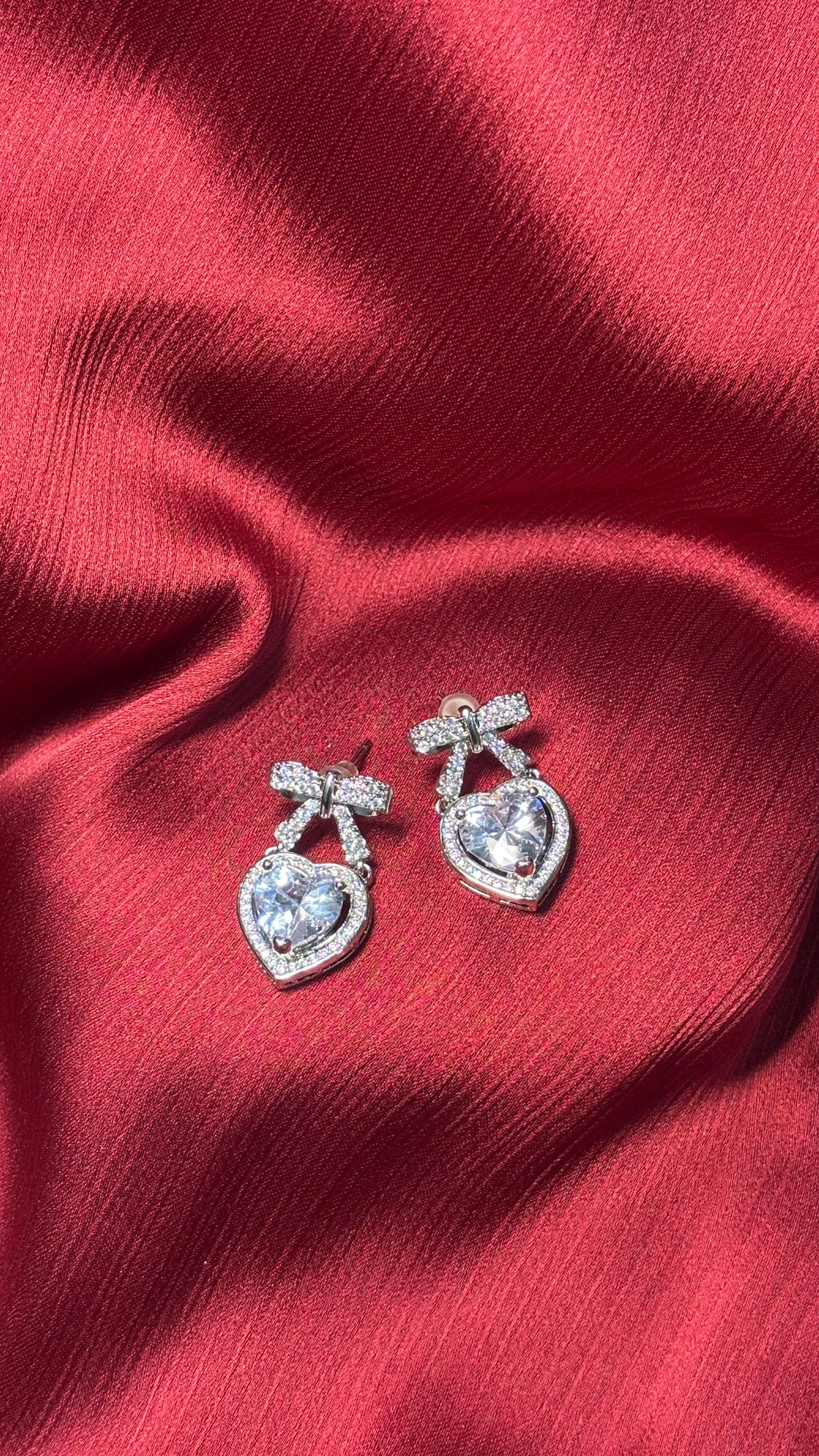 Sweet Romance – Heart & Bow Crystal Earrings