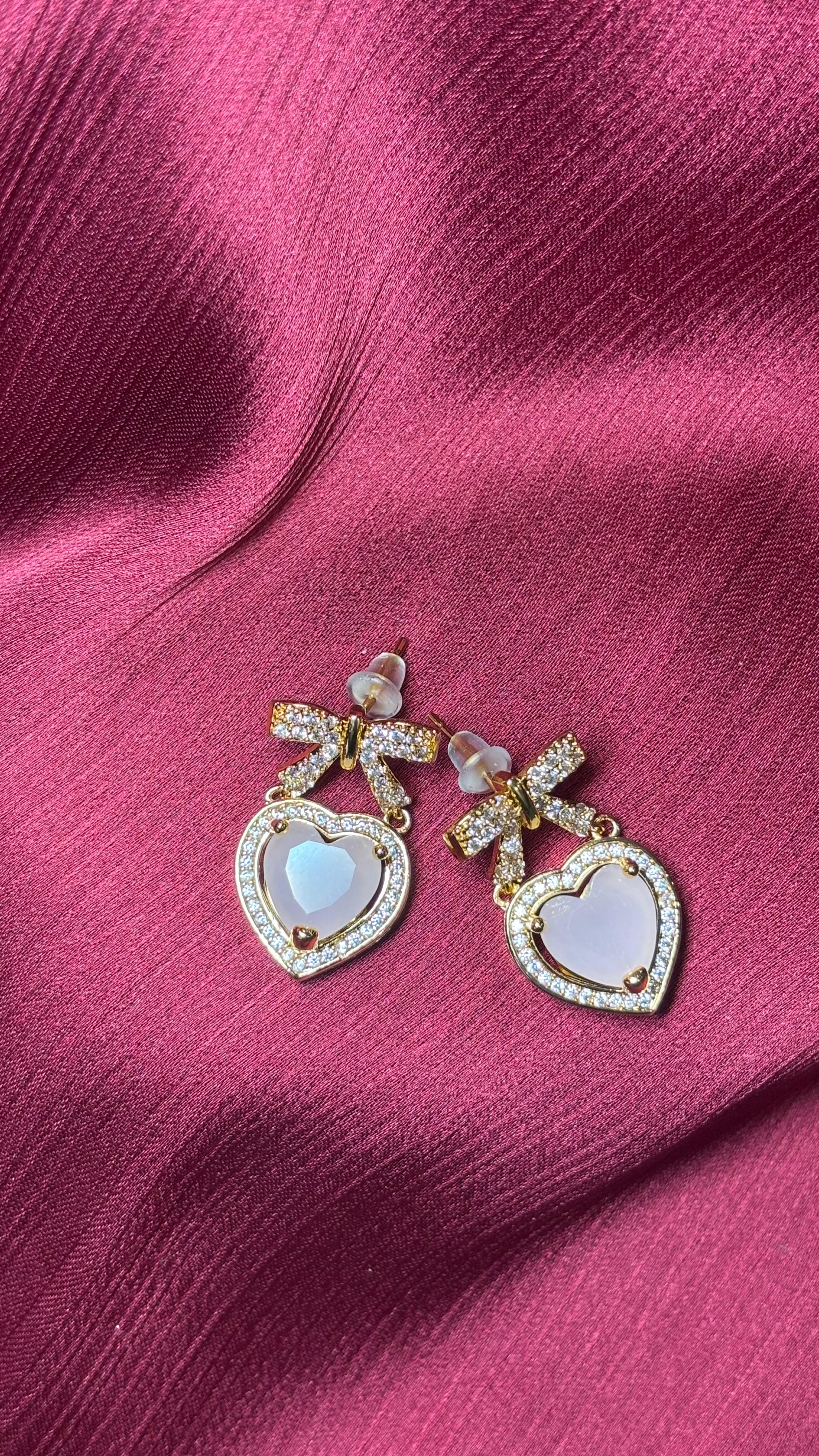 Sweet Romance – Heart & Bow Crystal Earrings