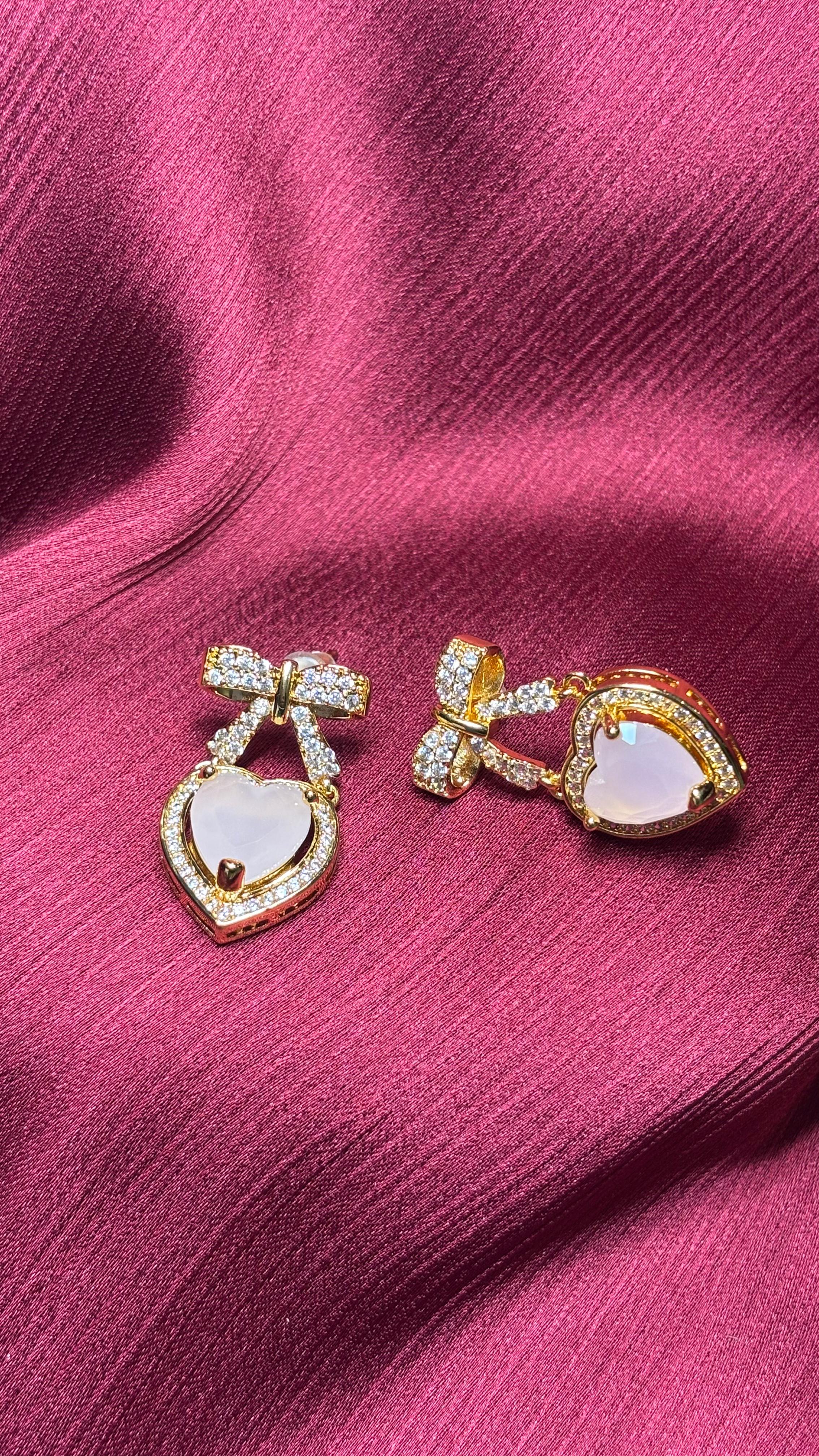 Sweet Romance – Heart & Bow Crystal Earrings