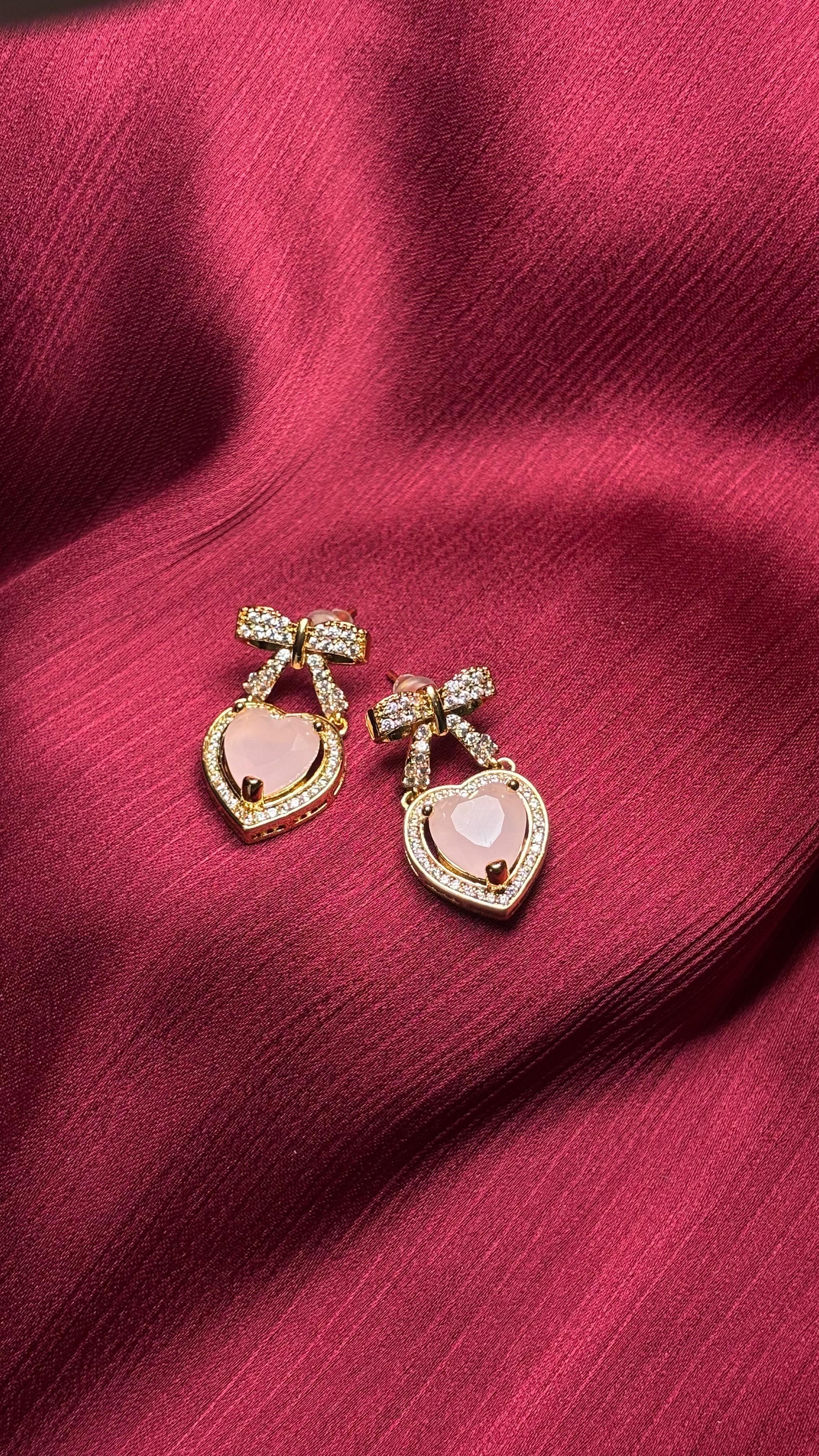Sweet Romance – Heart & Bow Crystal Earrings