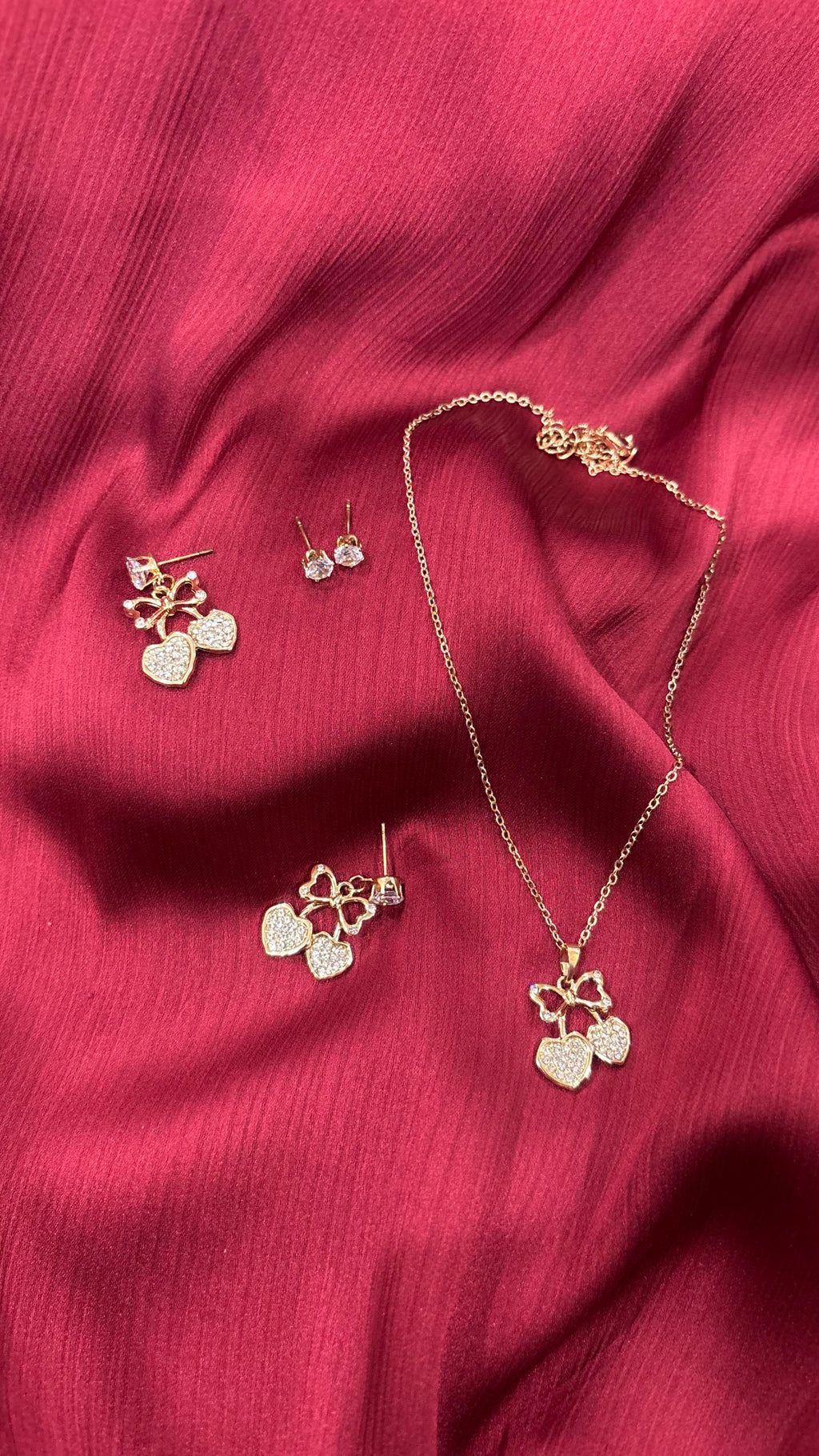 Romantic Cherry Heart Jewelry Set – Necklace & Earrings (Gold Plated)