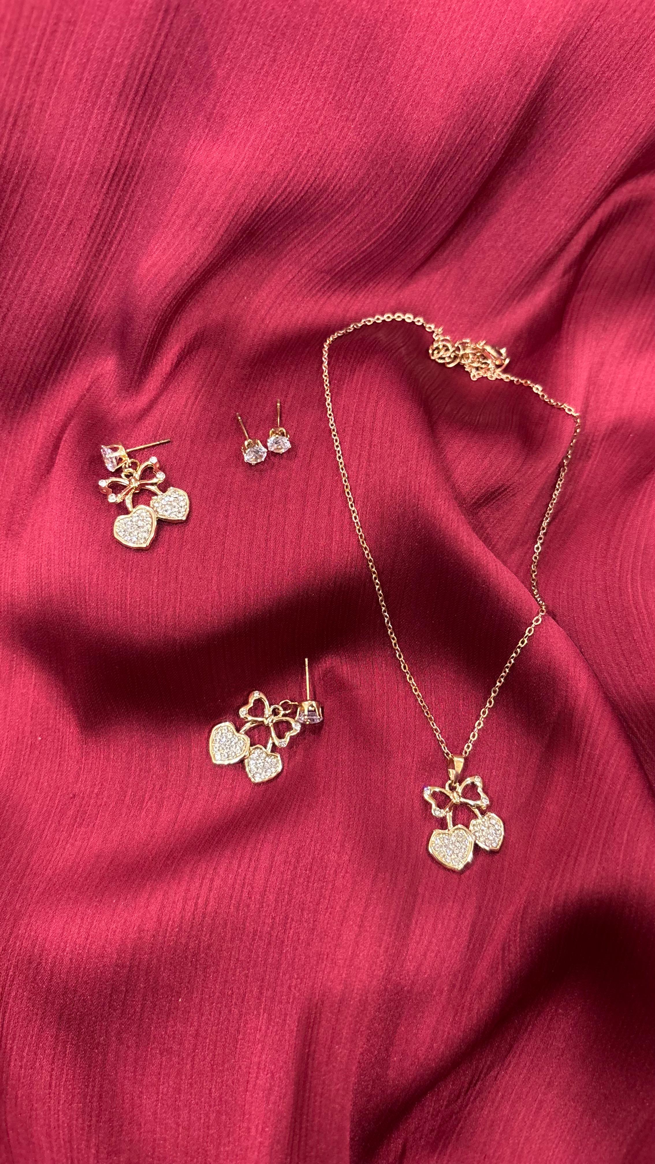 Romantic Cherry Heart Jewelry Set – Necklace & Earrings (Gold Plated)